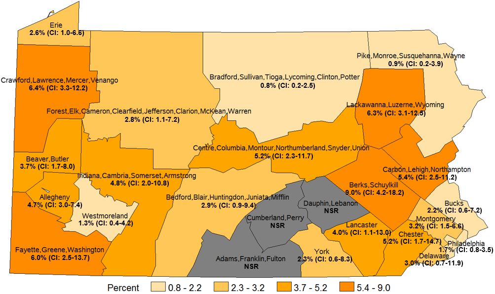 Driven in the Past Month with Perhaps Too Much to Drink, Pennsylvania Health Districts 2016